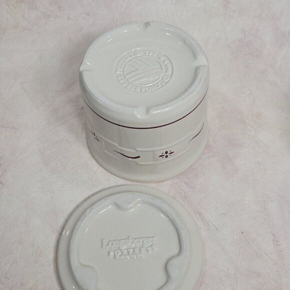 Longaberger 4" Pottery Heritage Red White One Pint Crock with lid - Picture 7 of 8